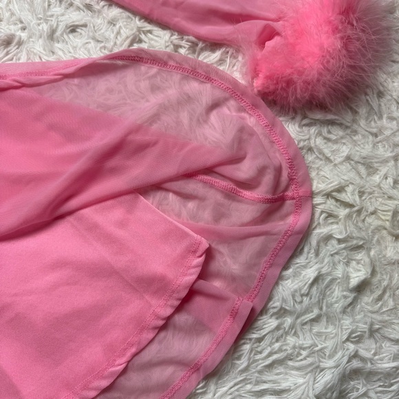 Pink Babydoll Dress Marabou Cuff Feathers Barbiecore Sheer Size Medium - Picture 6 of 8